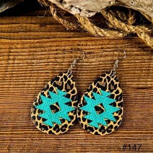 #147 | Turquoise Aztec & Leopard Pattern Teardrop Dangle Earrings